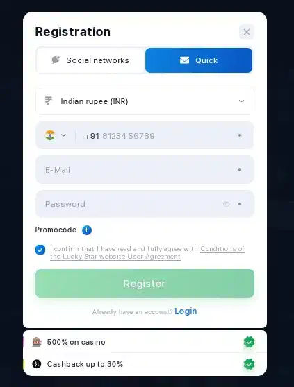 Lucky Star registration with email and phone